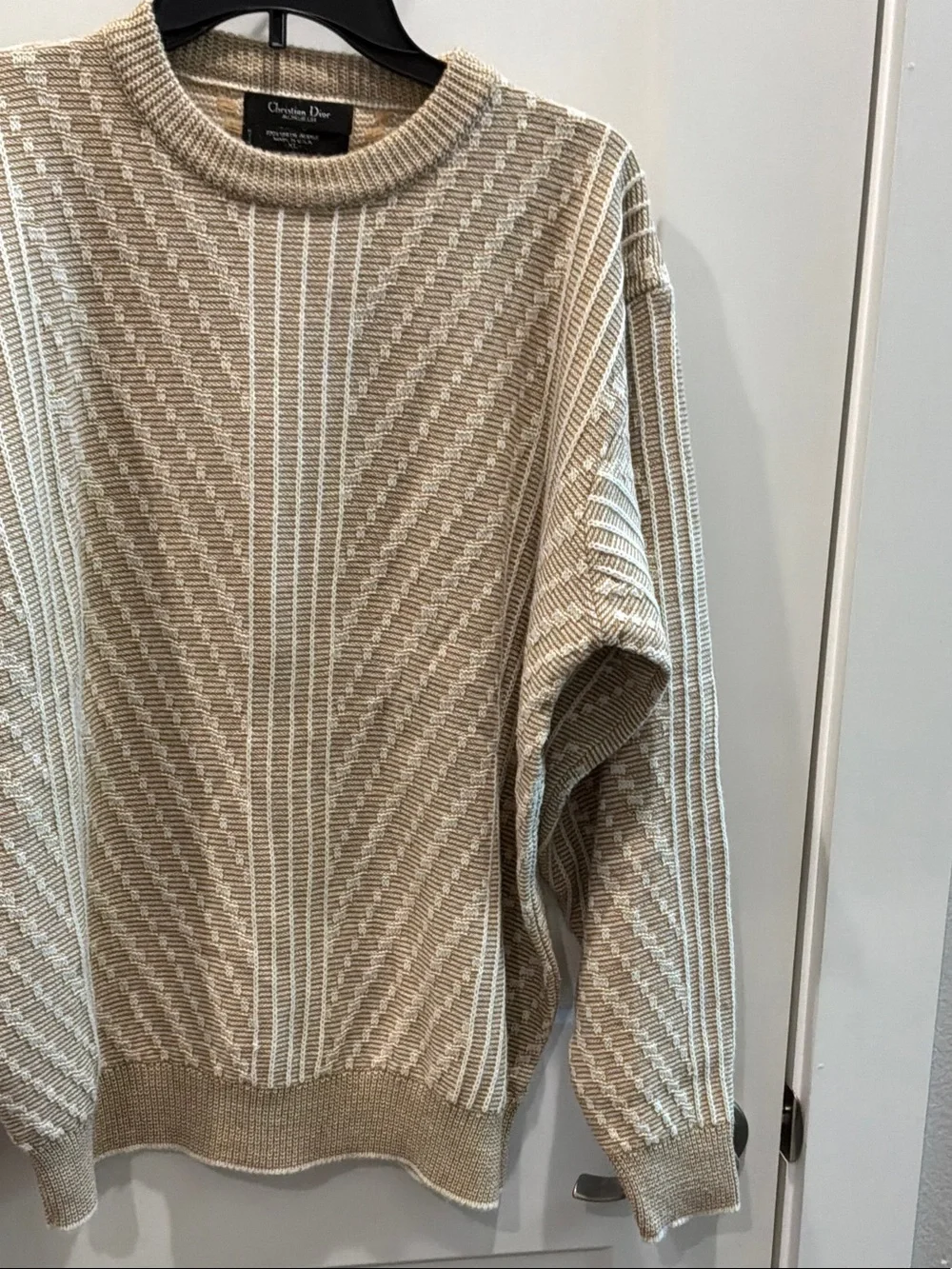 Christian Dior Beige Cream Textured Knit Crewneck Sweater XL Vintage Rare
